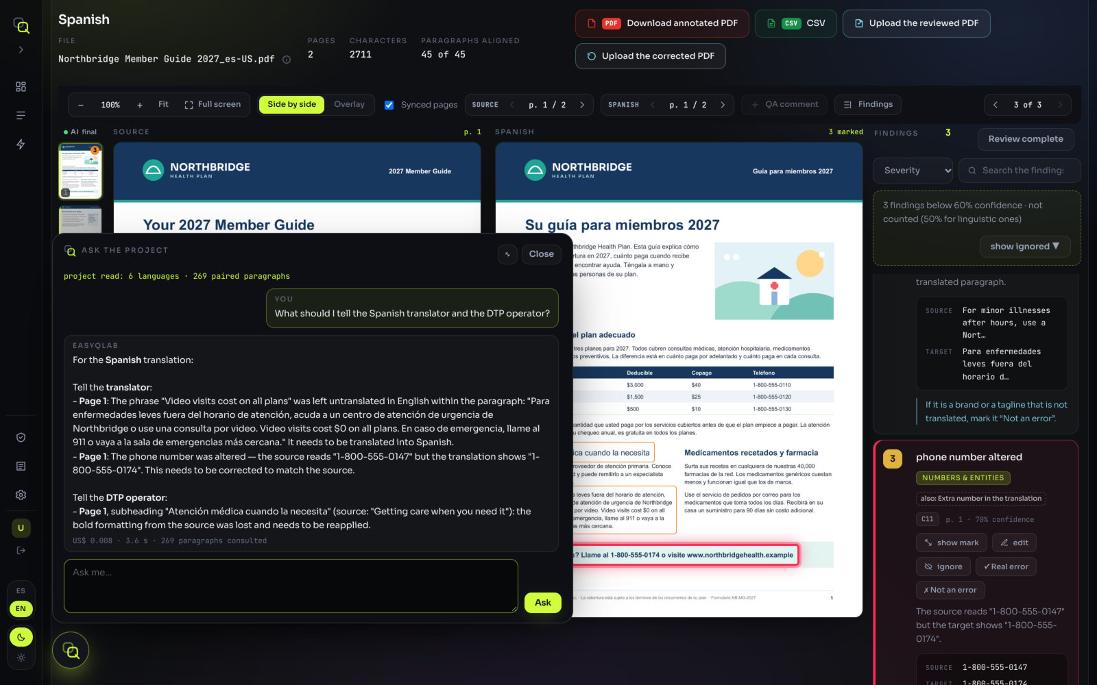 The Ask the project panel enlarged, with a question about which languages are ready to ship and the answer language by language, with its cost and time