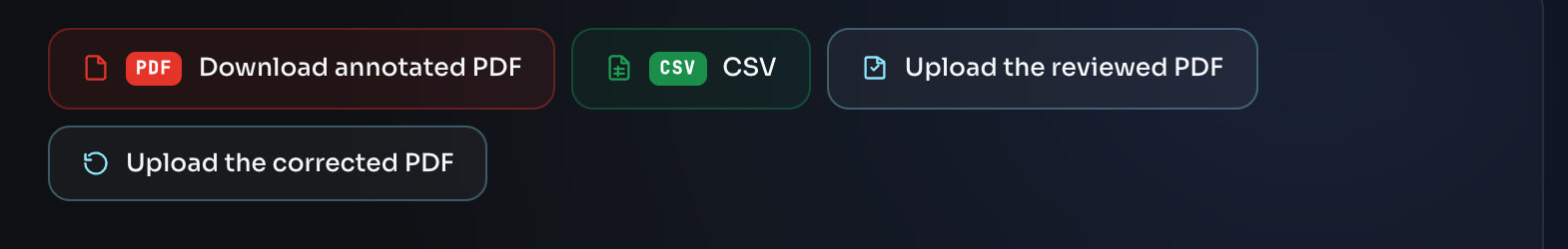 The export buttons on an open language: Download annotated PDF, CSV, Upload the reviewed PDF and Upload the corrected PDF