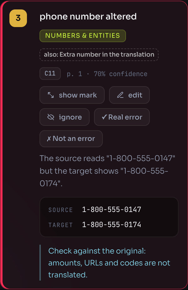 A finding card with its severity, title, check code, page and confidence, and the buttons show mark, edit, ignore, Real error and Not an error