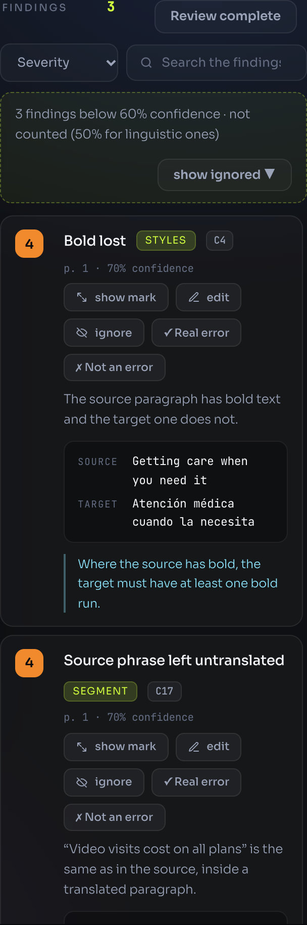 The findings column: the sort selector, the search box, the line about doubtful findings, and several finding cards