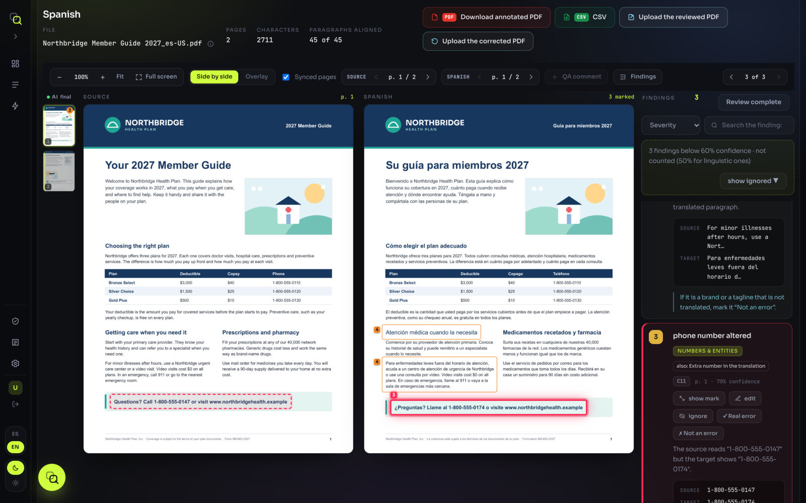 A language opened: the file header with pages, characters and paragraphs aligned, the viewer with the original and the translation side by side, and the findings list