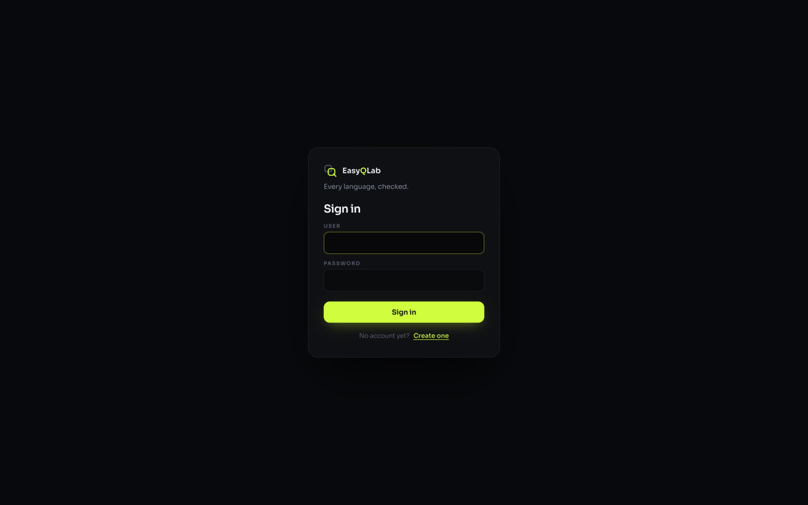 The EasyQLab sign-in screen with the User and Password fields and the Sign in button