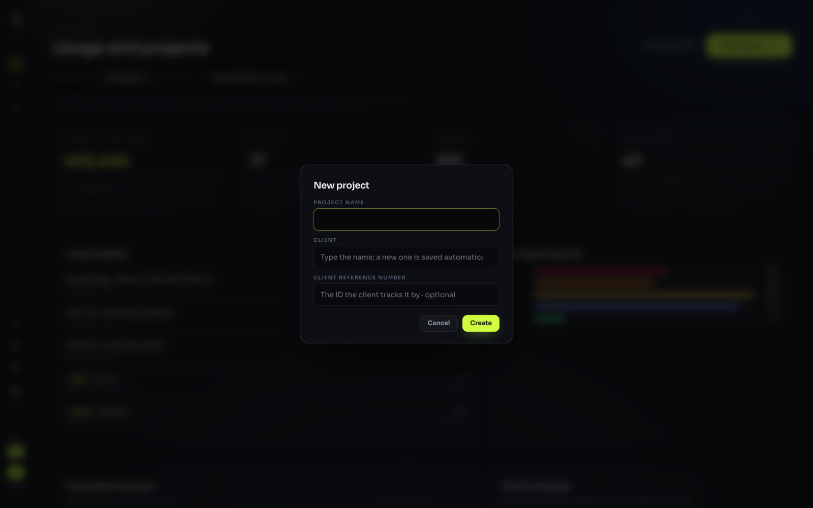 The New project form with Project name, Client and Client reference number, and the Create button