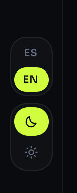 The ES and EN language switch and the moon and sun theme buttons at the bottom of the menu