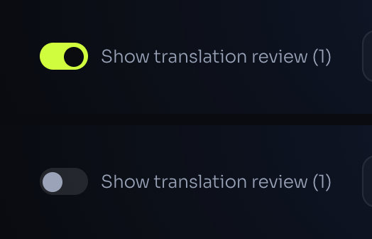 The Show translation review switch on the results header, shown on and off