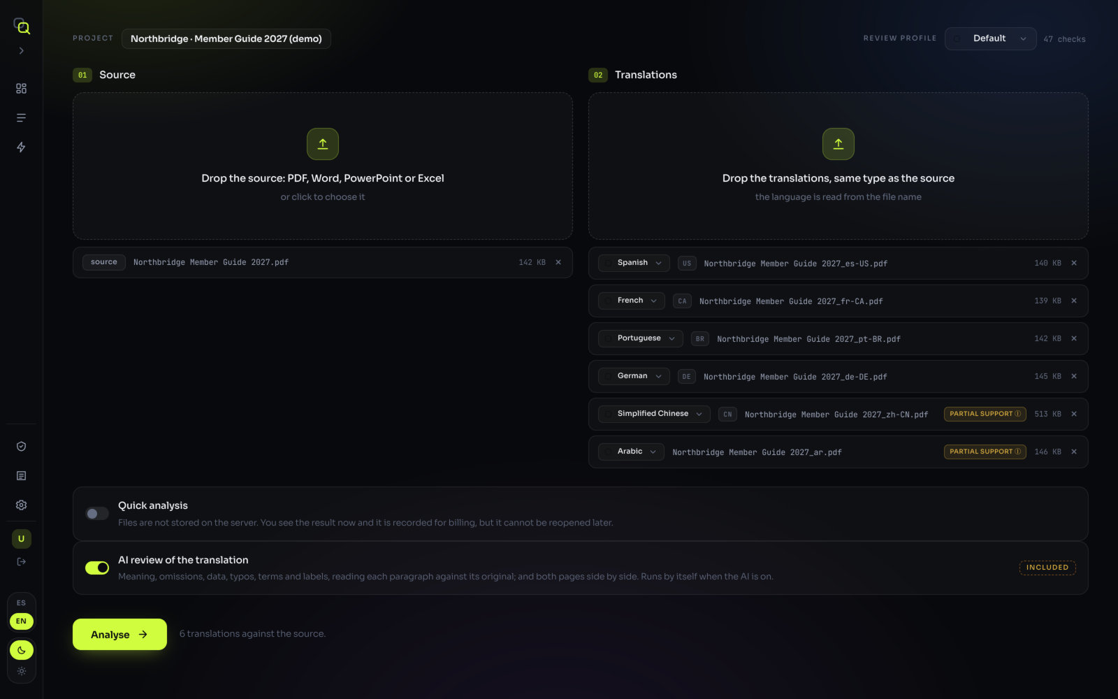 The analysis screen with the source and six translations loaded, each with its language, the AI review of the translation switch and the Analyse button