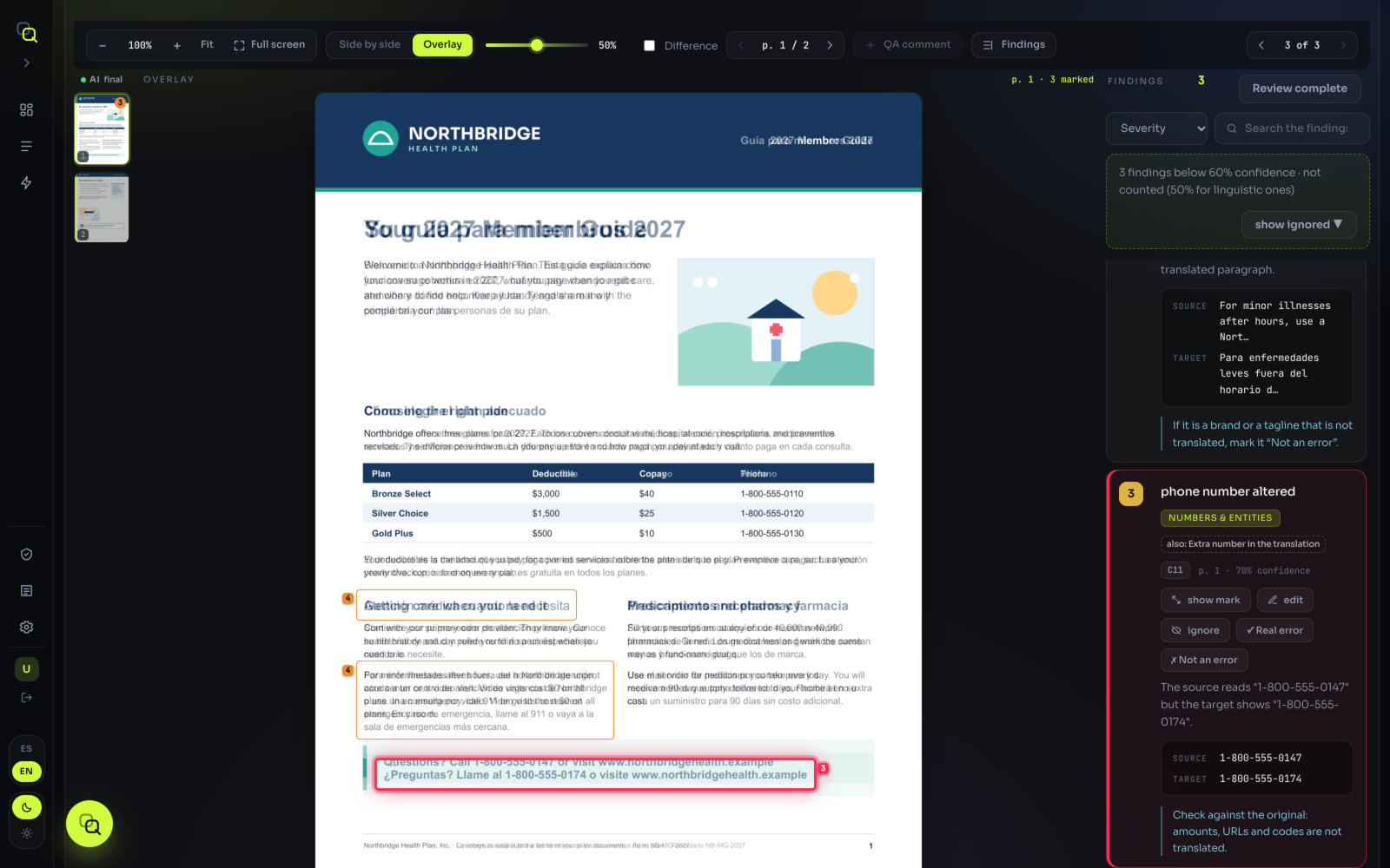 The EasyQLab viewer in Overlay mode, with the translation opacity slider and the Difference option